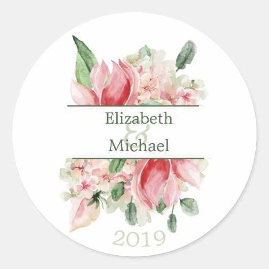 Sticker Rond Floral Chic Mariage ou Fiançailles Élégant Moderne (Devant)