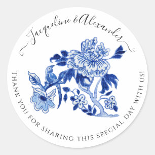 Sticker Rond Floral Chinoiserie Bird Folid Bleu Blanc Mariage