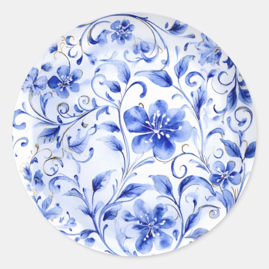 Sticker Rond Floral Chinoiserie bleu et blanc (Devant)