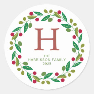 Sticker Rond Floral Christmas Wreath Family Nom monogramme