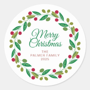 Sticker Rond Floral Christmas Wreath Nom de famille