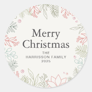 Sticker Rond Floral Christmas Wreath Nom de famille