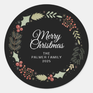 Sticker Rond Floral Christmas Wreath Nom de famille