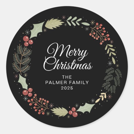 Sticker Rond Floral Christmas Wreath Nom de famille (Devant)