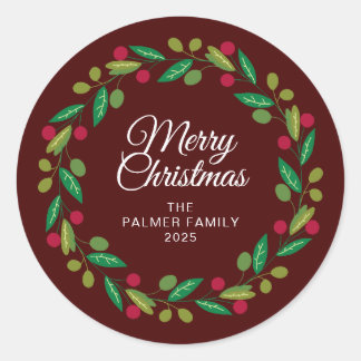Sticker Rond Floral Christmas Wreath Nom de famille