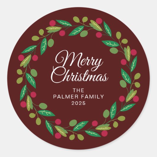 Sticker Rond Floral Christmas Wreath Nom de famille (Devant)