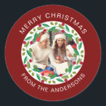 Sticker Rond Floral Christmas Wreath Photo Nom de famille<br><div class="desc">Floral Christmas Wreath Photo Nom de famille</div>