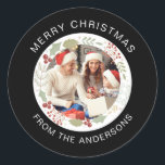 Sticker Rond Floral Christmas Wreath Photo Nom de famille<br><div class="desc">Floral Christmas Wreath Photo Nom de famille</div>