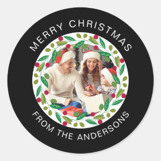 Sticker Rond Floral Christmas Wreath Photo Nom de famille