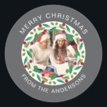 Sticker Rond Floral Christmas Wreath Photo Nom de famille<br><div class="desc">Floral Christmas Wreath Photo Nom de famille</div>
