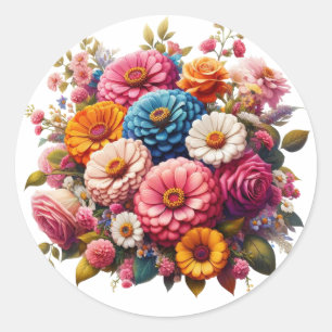 Sticker Rond Floral coloré/Zinnia printanière/Rose