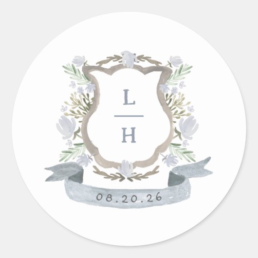 Sticker Rond Floral Crest Aquarelle Monogramme Mariage (Devant)