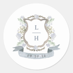 Sticker Rond Floral Crest Aquarelle Monogramme Mariage