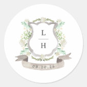 Sticker Rond Floral Crest Aquarelle Monogramme Mariage (Devant)