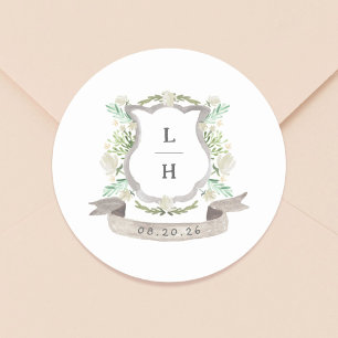 Sticker Rond Floral Crest Aquarelle Monogramme Mariage