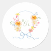 Sticker Rond Floral Crest Monogram Blue Bow Spring Wedding (Devant)