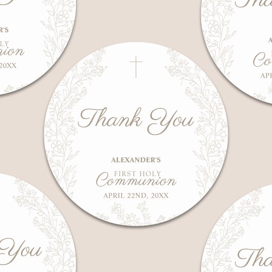 Sticker Rond Floral Cross First Holy Communion Thank You