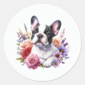 Sticker Rond Floral de Bulldog français (Devant)