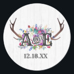 Sticker Rond Floral Deer Antler Bouquet Rustique Monogramme Mar<br><div class="desc">Bouquet Floral Deer Antler en Bourgogne Vin & Or sur Bois Blanc Rustique Pays Chic Mariage Monogramme Favoriser les autocollants Avec une police de caractères à la main à la mode ! ~ Regardez ma boutique pour voir toute la collection de mariages avec ce design!</div>