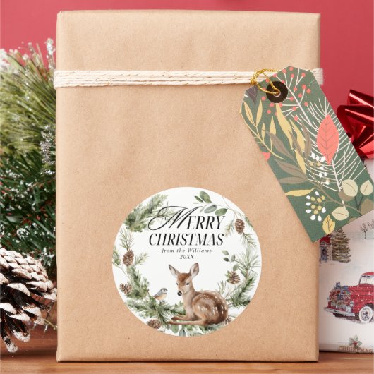 Sticker Rond Floral Deer Élégant Joyeux Noël Moderne (vacances)