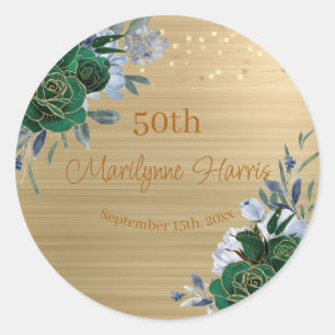 Sticker Rond Floral d'or vert 50e anniversaire