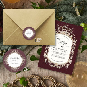 Sticker Rond Floral Elegant Vintage Bourgogne et Mariage or