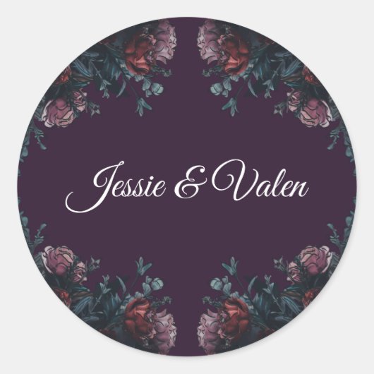 Sticker Rond Floral foncé violet élégant Mariage Maroon Mauve (Devant)