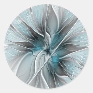Sticker Rond Floral Fractal Moderne Fleur Abstrait gris bleu