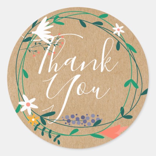 Sticker Rond Floral Garland Script Merci Rustique Kraft Boho (Devant)