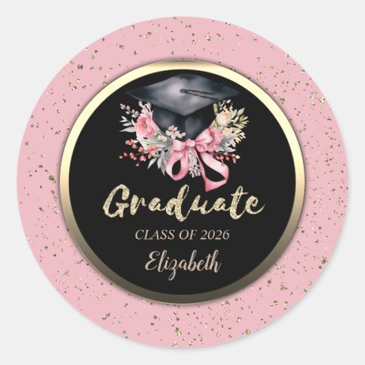 Sticker Rond Floral Grad Cap Pink Bow Confetti   (Devant)