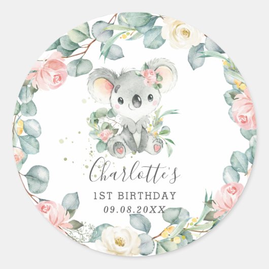 Sticker Rond Floral Greenery Koala Girl Douche Anniversaire Fav (Devant)
