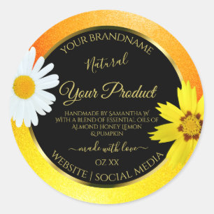 Sticker Rond Floral Jaune Orange Parties scintillant Noir Étiqu