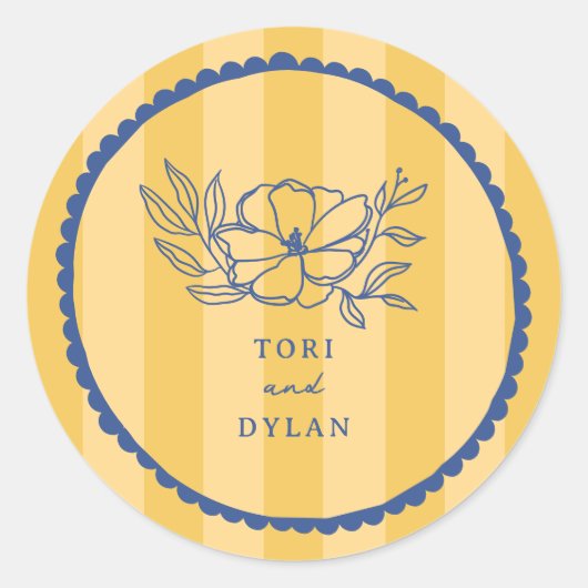 Sticker Rond Floral Jaune Stripe Botanique Bleu Mariage (Devant)