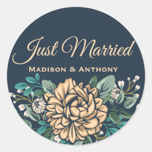 Sticker Rond Floral Just Married Fleur de Pivoine Pêche Bleu Ma