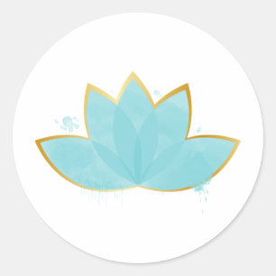 Sticker Rond Floral Lotus Aquarelle Mer Bleu & Faux Or