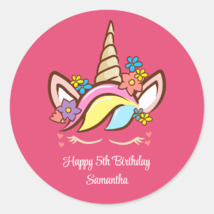 Sticker Rond Floral Magical Unicorn Colorful Girl Anniversaire