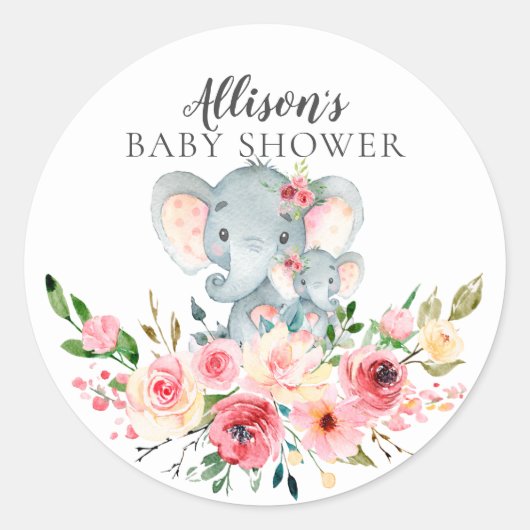 Sticker Rond Floral Maman & Baby Elephant Baby shower (Devant)