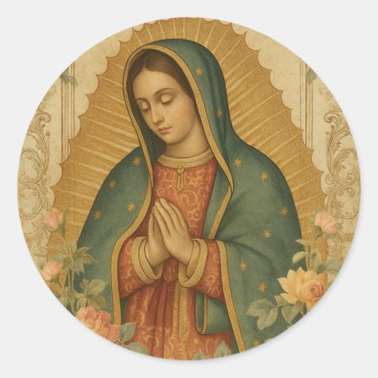 Sticker Rond Floral Mexican Mary Guadalupe Religious (Devant)