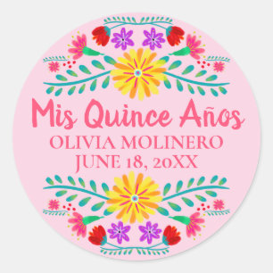 Sticker Rond Floral Mis Quince Anos Pink Mexican Fiesta
