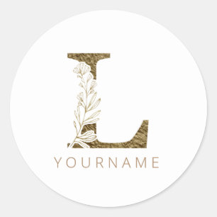 Sticker Rond Floral Monogramme L Élégant Liquide Or