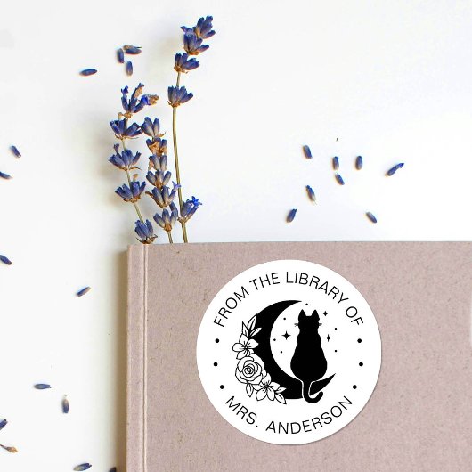 Sticker Rond Floral Moon Chat Bibliothèque de livre enseignant