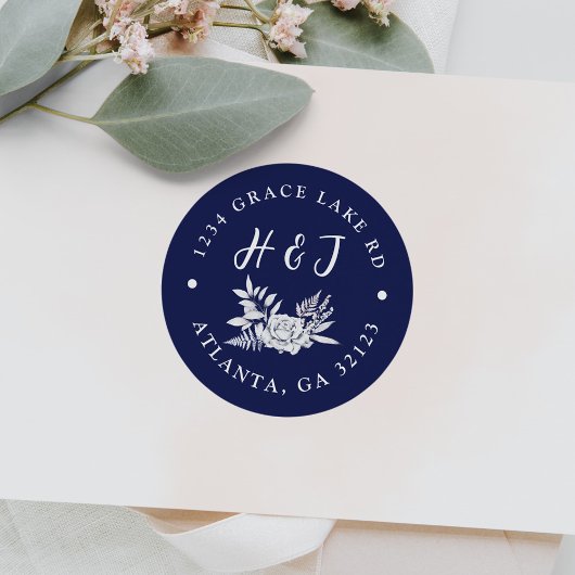 Sticker Rond Floral Navy Blue Modern Mariage Adresse de retour