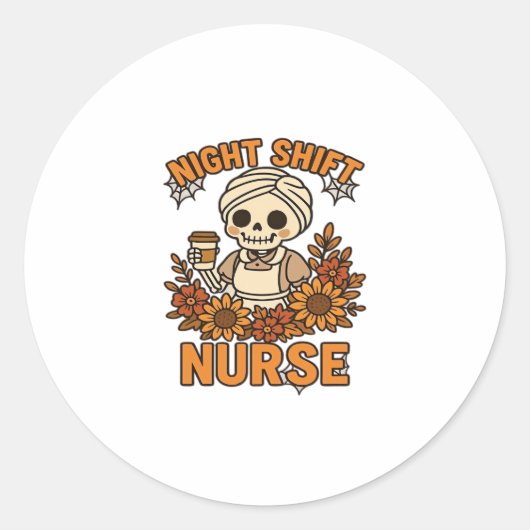 Sticker Rond Floral Night Shift Nurft Skeleton Halloween RN Nur (Devant)