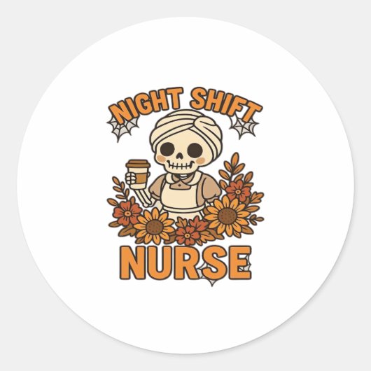 Sticker Rond Floral Night Shift Nurft Skeleton Halloween RN Nur (Devant)