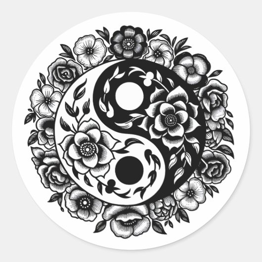 Sticker Rond Floral noir et blanc Yin Yang (Devant)
