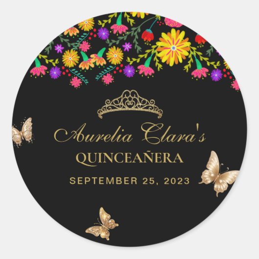 Sticker Rond Floral Noir Tiara Butterfly Mis Quinceañera (Devant)