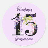 Sticker Rond Floral Numéro 15 Purple Wisteria Quinceanera (Devant)