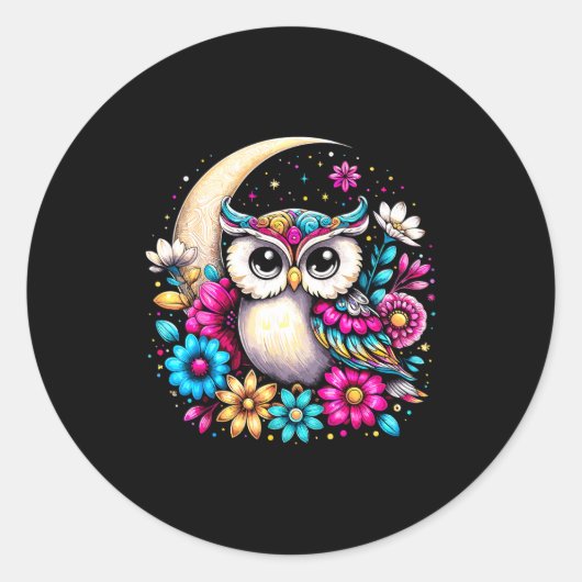 Sticker Rond Floral Owl And Moon  (Devant)