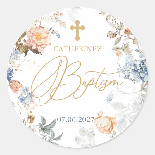 Sticker Rond Floral Pale Peach Blush Croix Bleue Baptême (Devant)