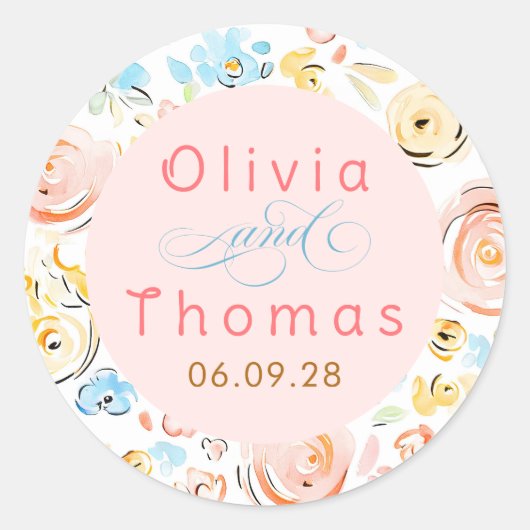 Sticker Rond Floral Pastel Whimsical Elegant Wedding (Devant)